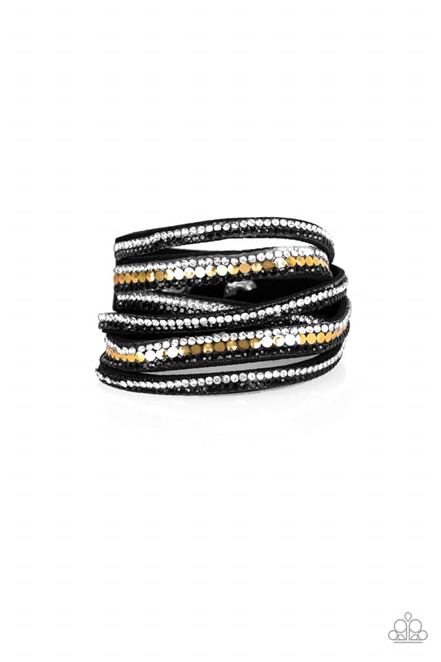 Rock Star Attitude - Black / Gold - and White Rhinestones - Double Wrap - Bracelet